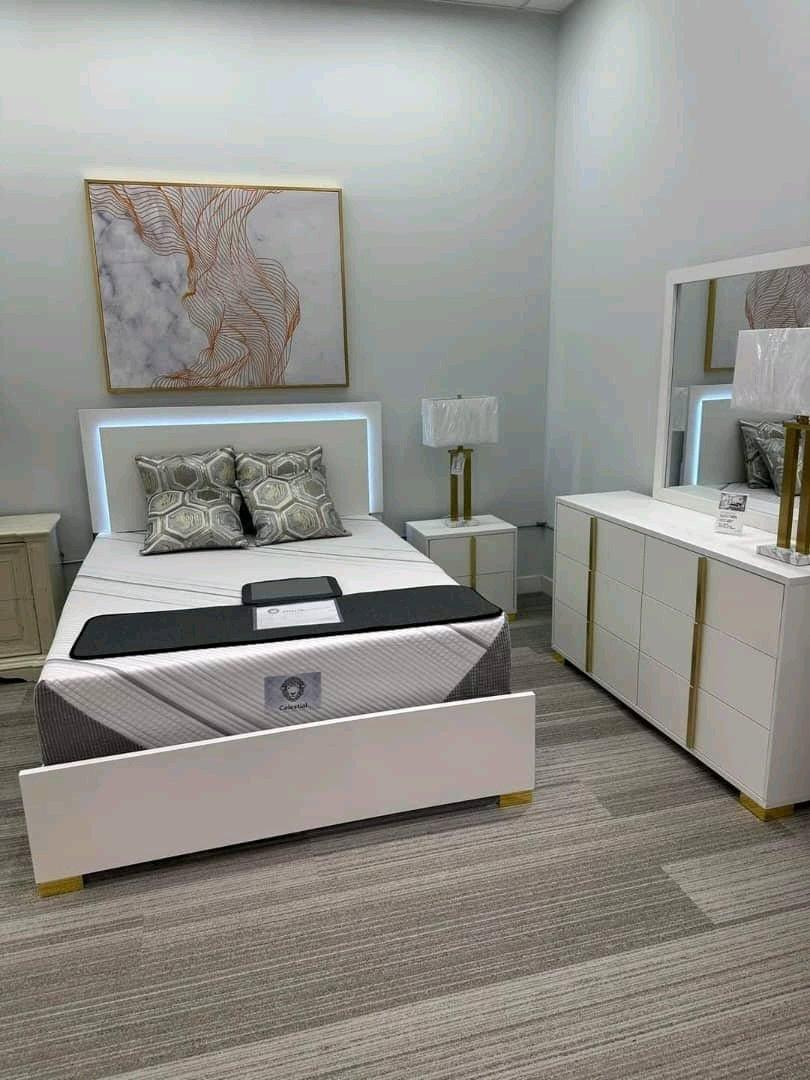 Modern White  Gold Bedroom Set with LED Bed  Queen Size