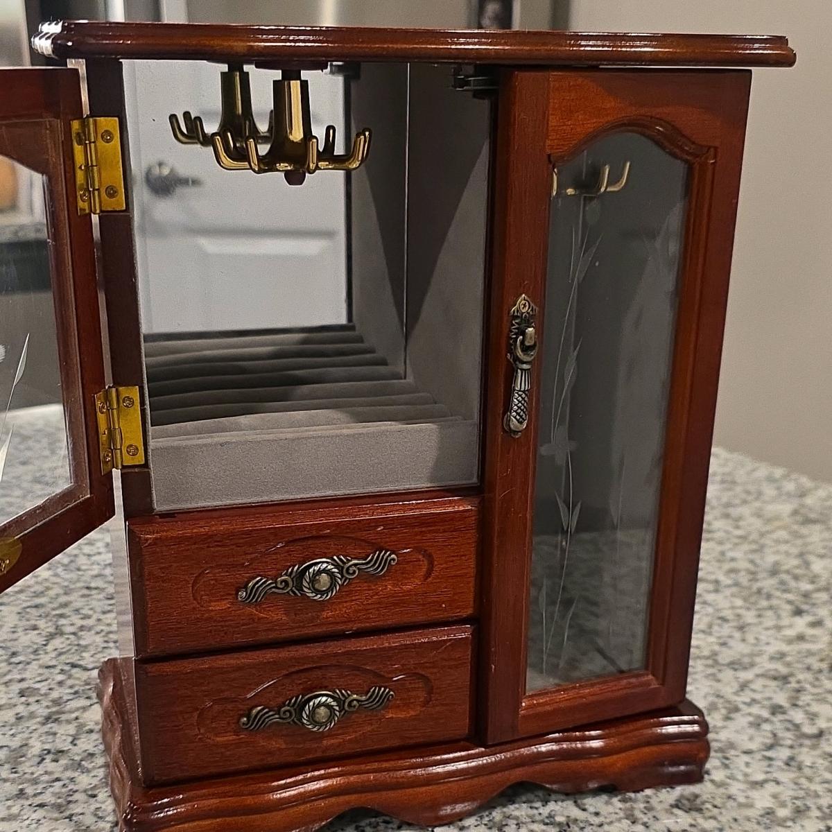 Wooden Jewelry Box with Glass Doors Drawers Mirror Lined Vel - Houston, Texas - FleaMarketBay