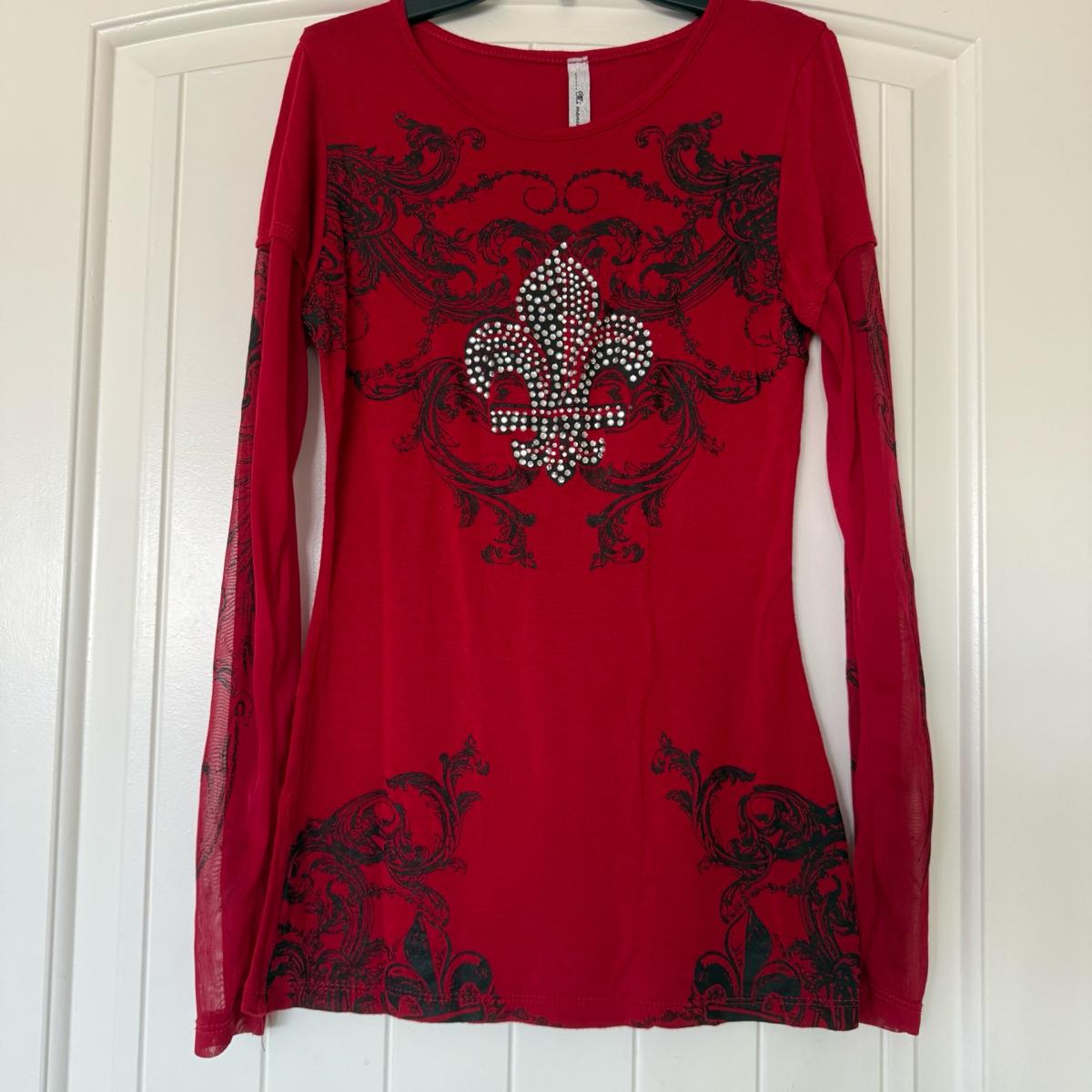 Y2K Gothic Rhinestone FleurdeLis Mesh Sleeve Top  Red  Black - Los Angeles, California - FleaMarketBay