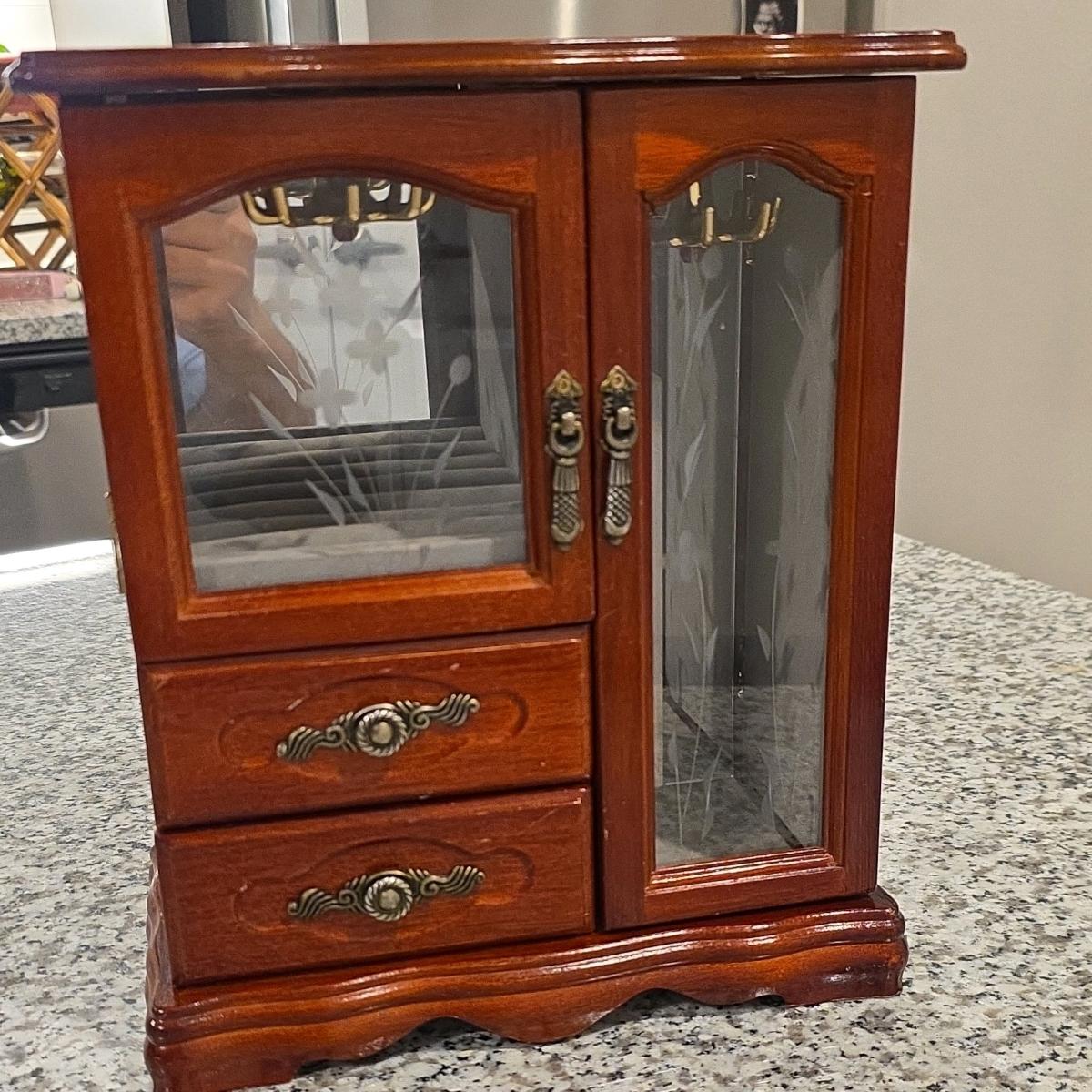 Wooden Jewelry Box with Glass Doors Drawers Mirror Lined Vel - Houston, Texas - FleaMarketBay