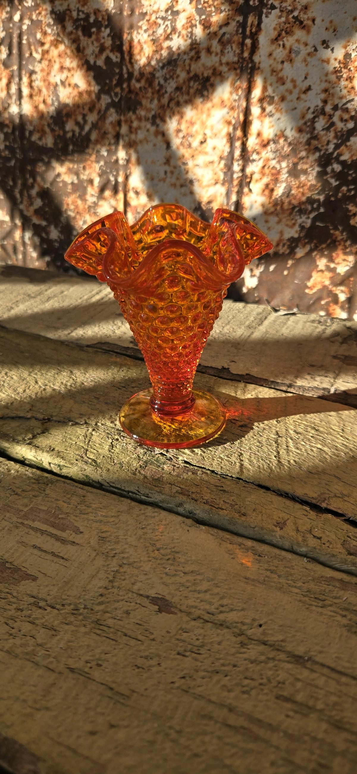 Amberina glass hobnail ruffled vase by Fenton Art Glass