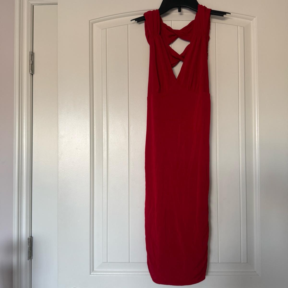 Bold Red Ruched Bodycon Midi Dress  Crisscross Back  Size S