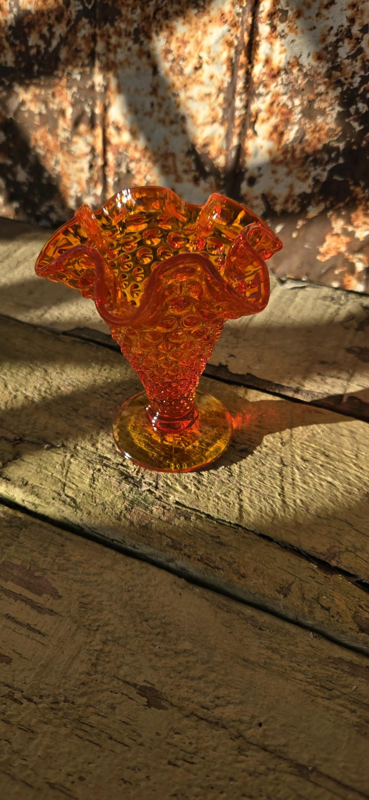Amberina glass hobnail ruffled vase by Fenton Art Glass - Aurora, Missouri - FleaMarketBay