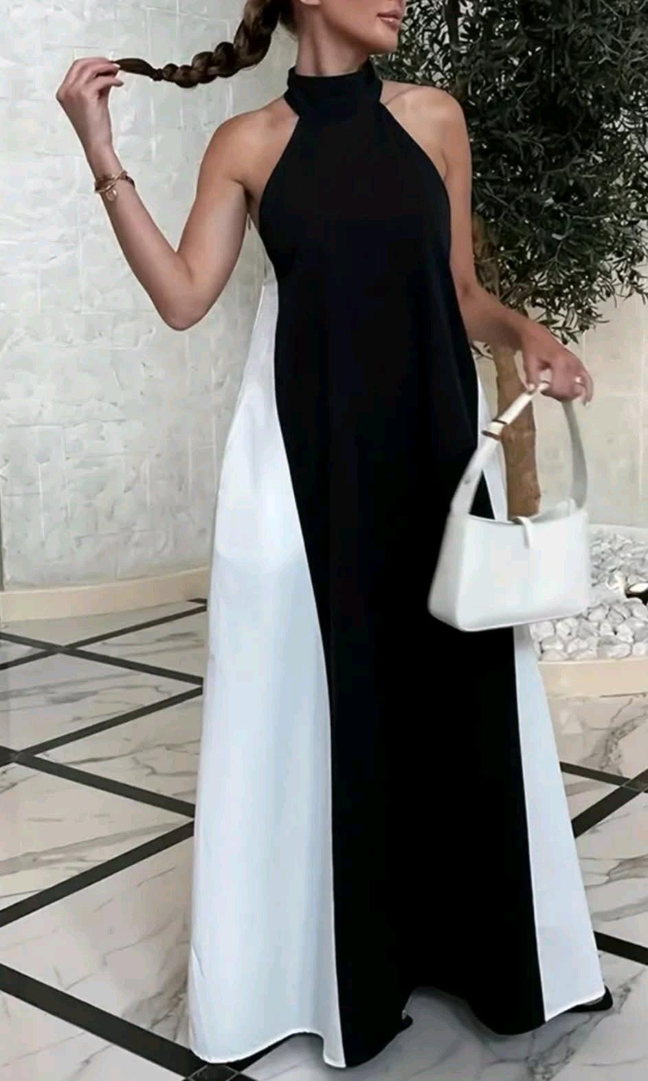 Womens Solid Black  White Maxi Dress