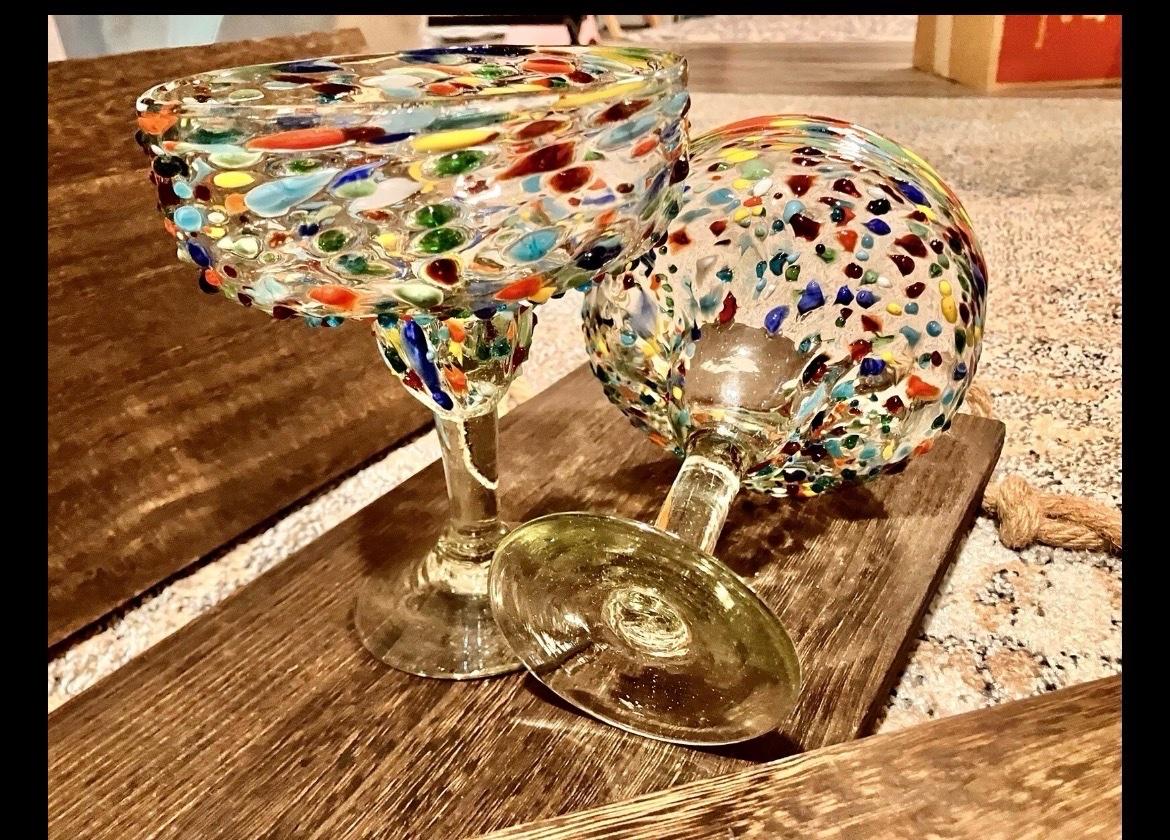 Mexican Hand Blown Margarita Glasses Confetti Set of 2 - Arvada, Colorado - FleaMarketBay