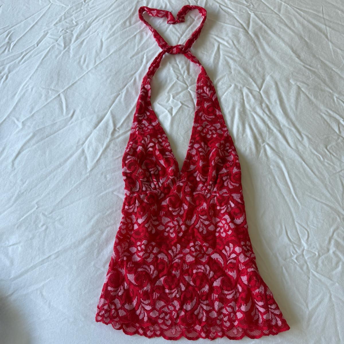 Red Floral Lace Halter Top  Sheer Plunge Babydoll  Romantic