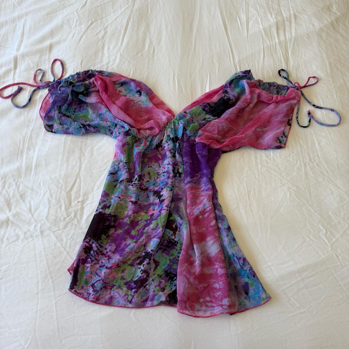 Dreamy Y2K Watercolor Fairy Blouse Top  Sheer Open Shoulder - Los Angeles, California - FleaMarketBay