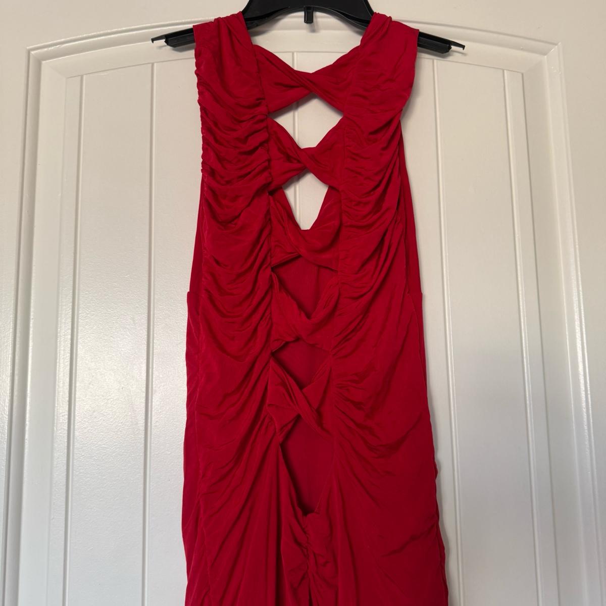 Bold Red Ruched Bodycon Midi Dress  Crisscross Back  Size S - Los Angeles, California - FleaMarketBay