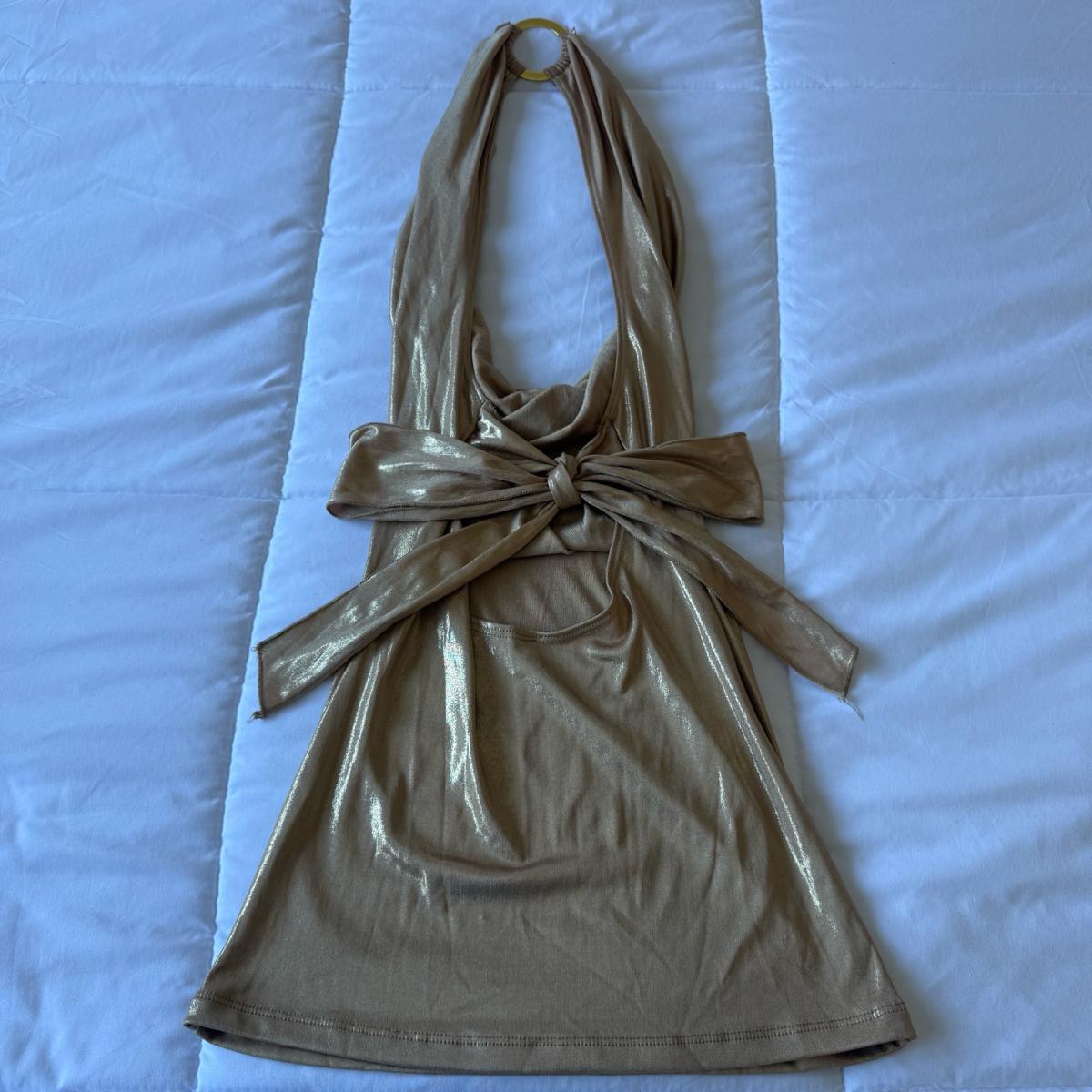 Y2K Gold Metallic Backless Halter Top O Ring Neck Wrap Tie - Los Angeles, California - FleaMarketBay