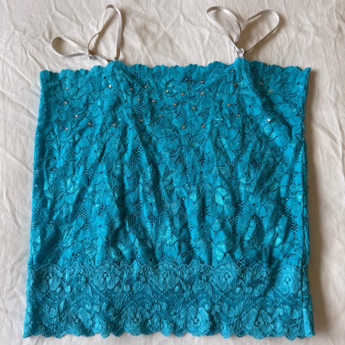 Y2K Turquoise Lace Camisole Rhinestone Floral Tank Top Fairy - Los Angeles, California - FleaMarketBay