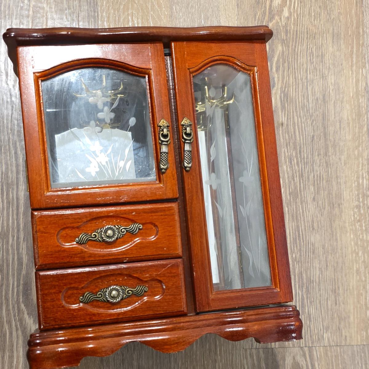 Wooden Jewelry Box with Glass Doors Drawers Mirror Lined Vel - Houston, Texas
