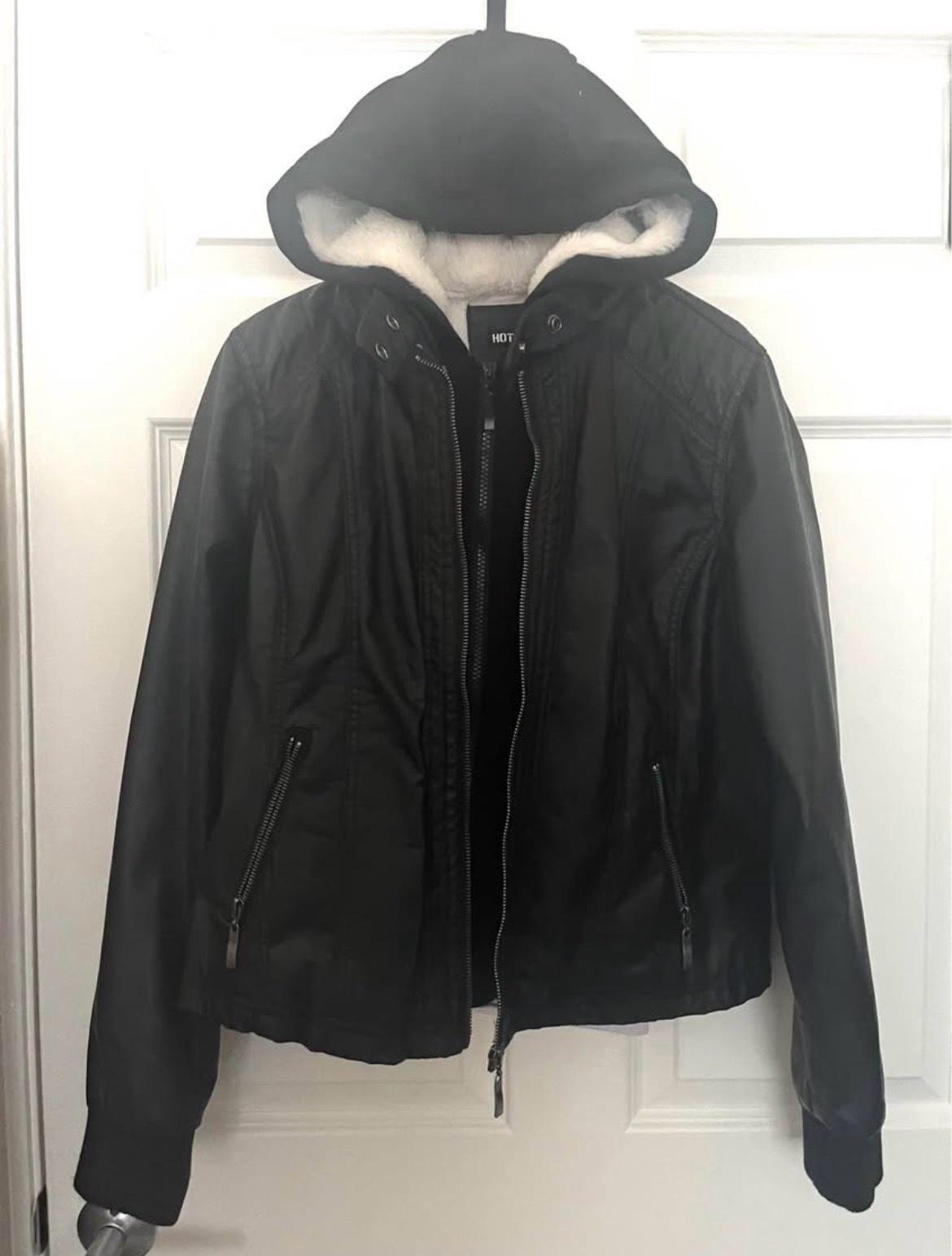 WOMENS HOODED FAUX LEATHER JACKET