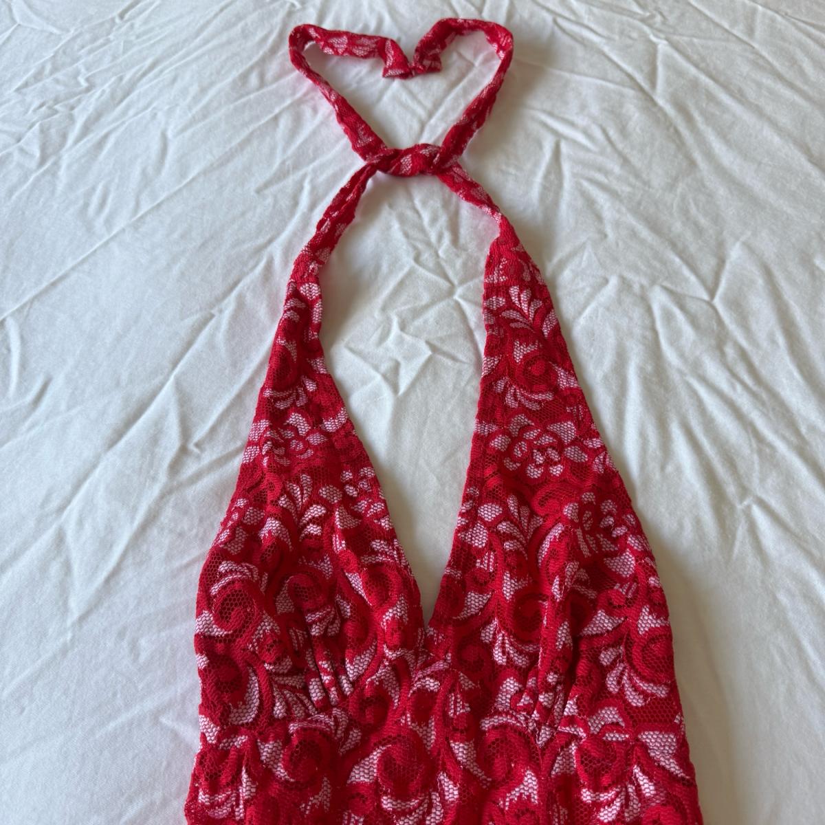 Red Floral Lace Halter Top  Sheer Plunge Babydoll  Romantic - Los Angeles, California - FleaMarketBay