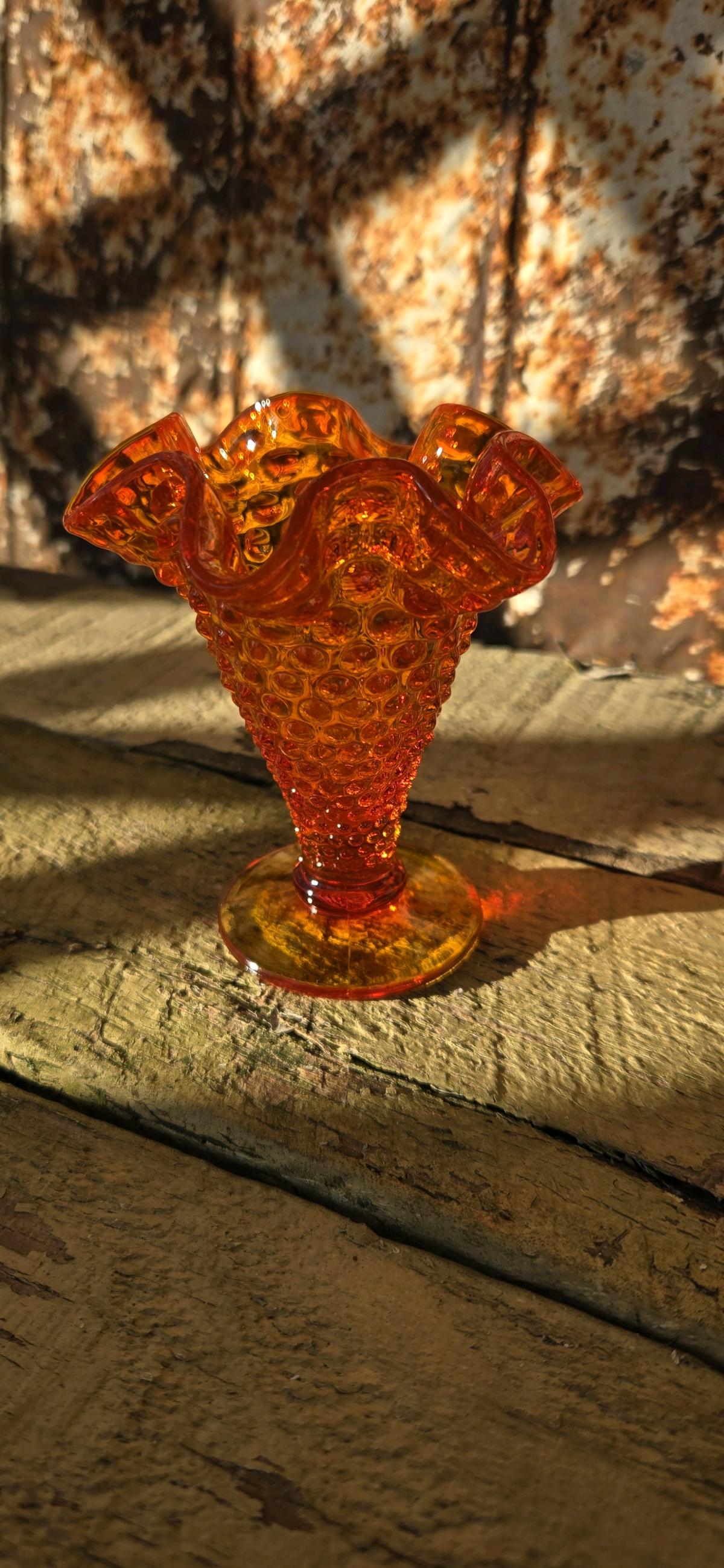 Amberina glass hobnail ruffled vase by Fenton Art Glass - Aurora, Missouri - FleaMarketBay