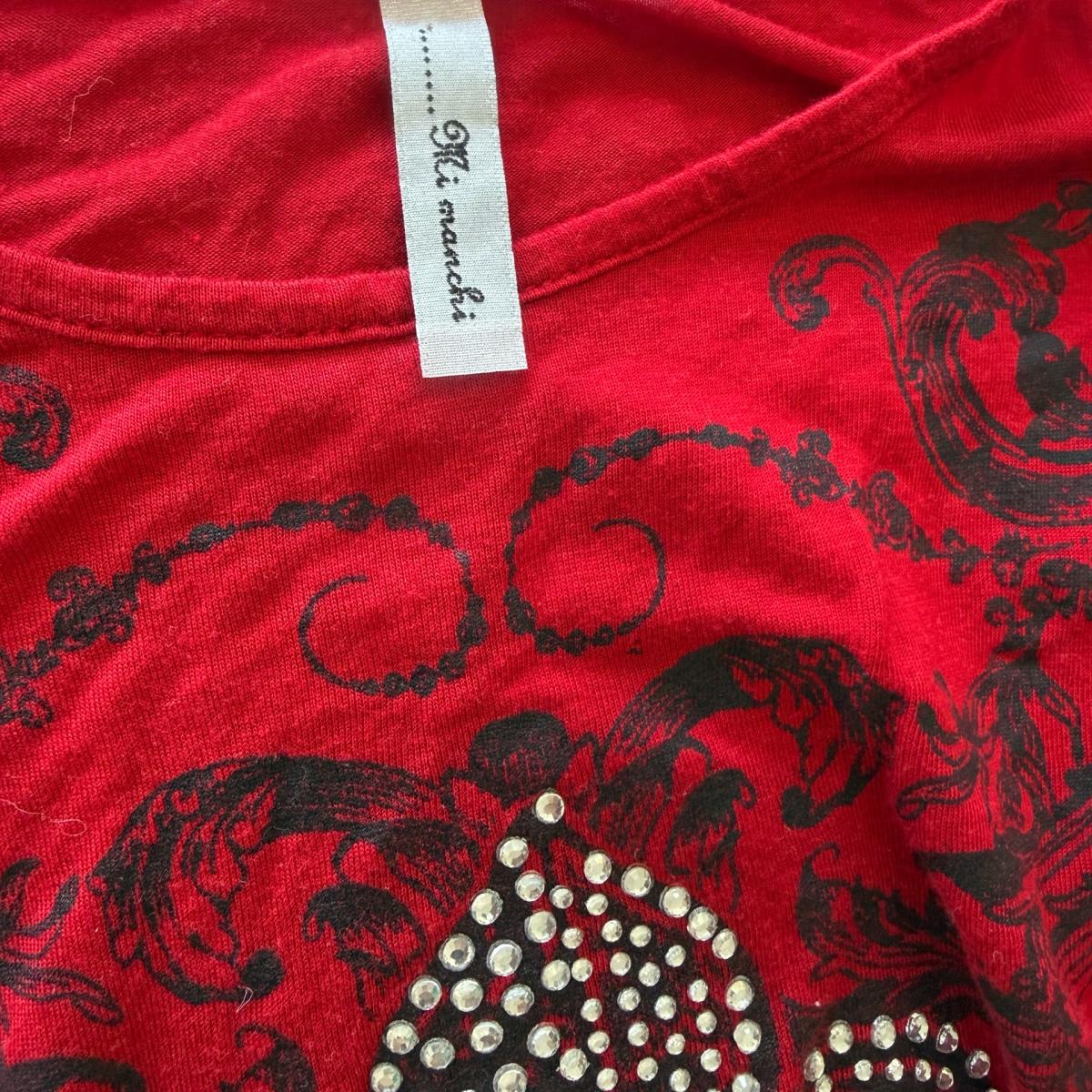 Y2K Gothic Rhinestone FleurdeLis Mesh Sleeve Top  Red  Black - Los Angeles, California - FleaMarketBay