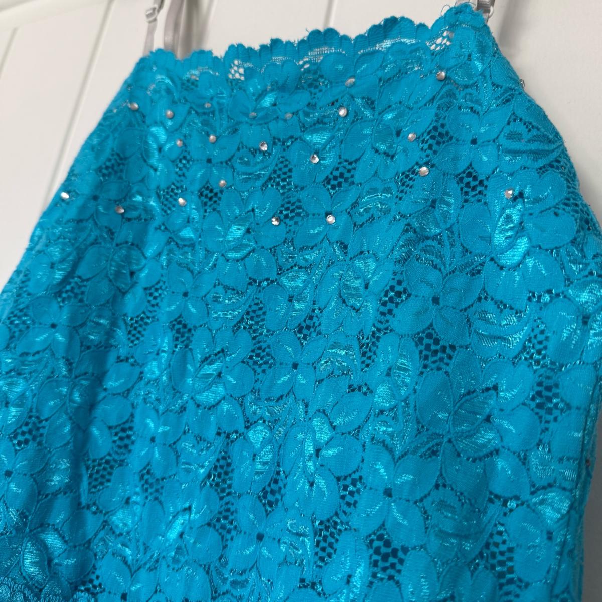 Y2K Turquoise Lace Camisole Rhinestone Floral Tank Top Fairy - Los Angeles, California - FleaMarketBay