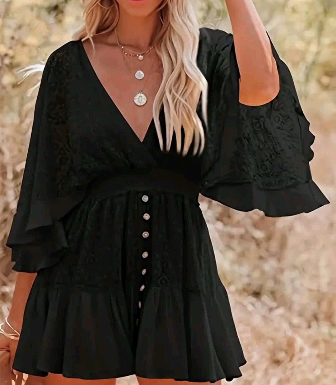 Solid Black Color Womens Lace Mini Dress