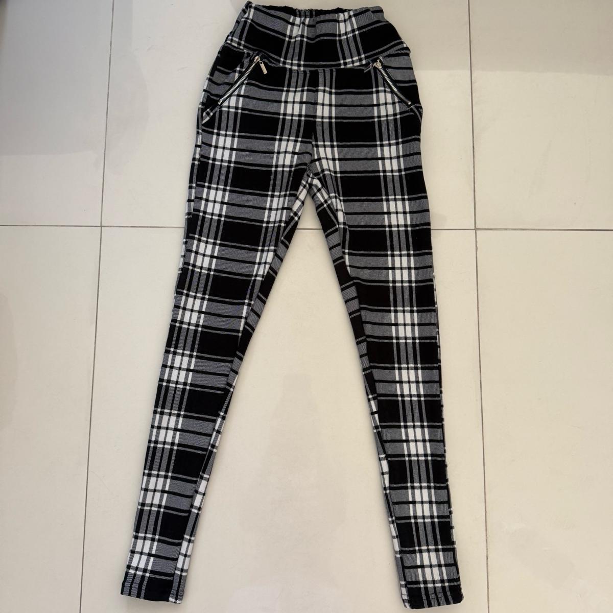 Black  White Plaid HighWaisted Skinny Pants with Zip Detail