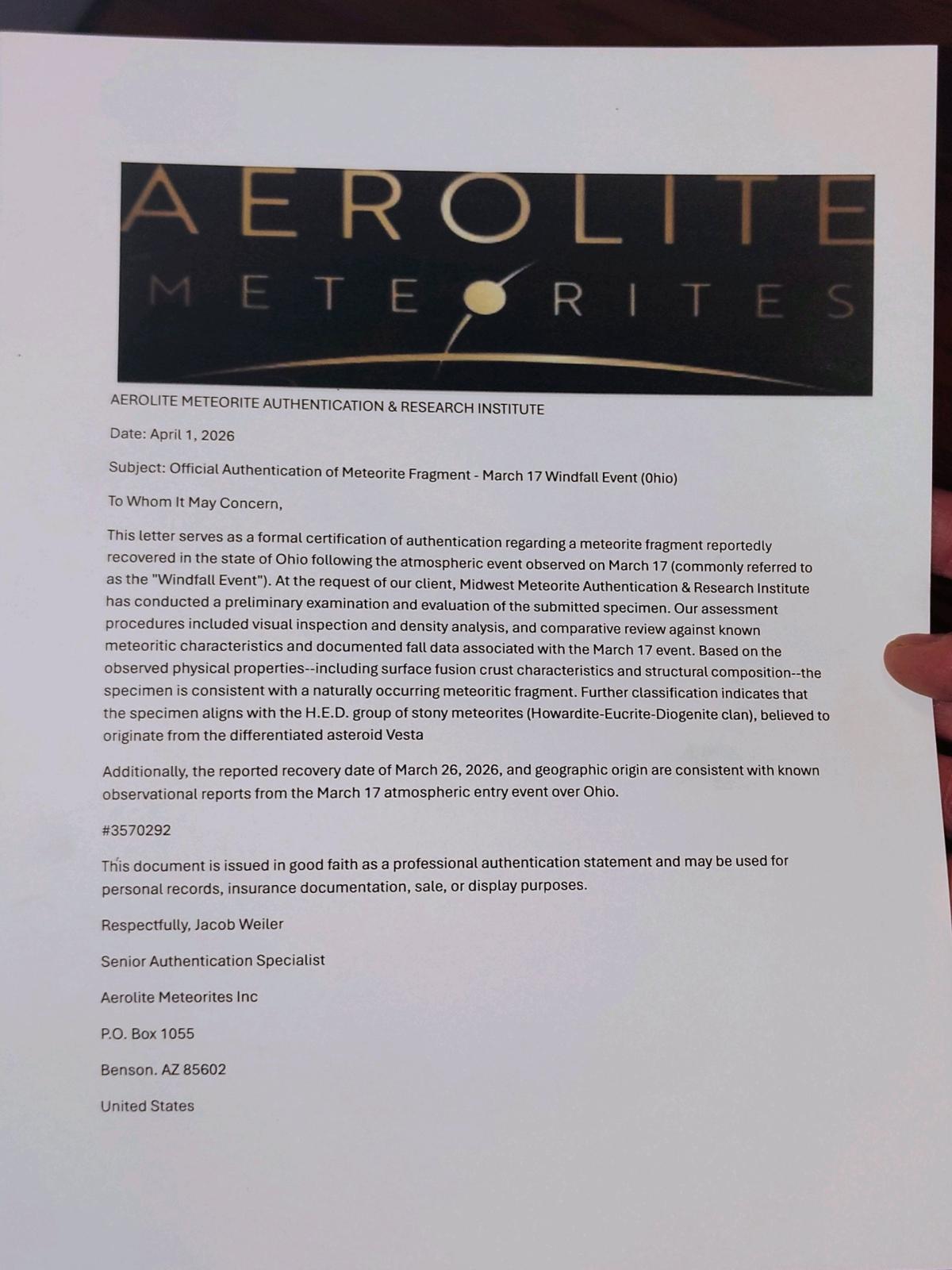 Rare Authenticated Meteorite - Wayne, Ohio - FleaMarketBay