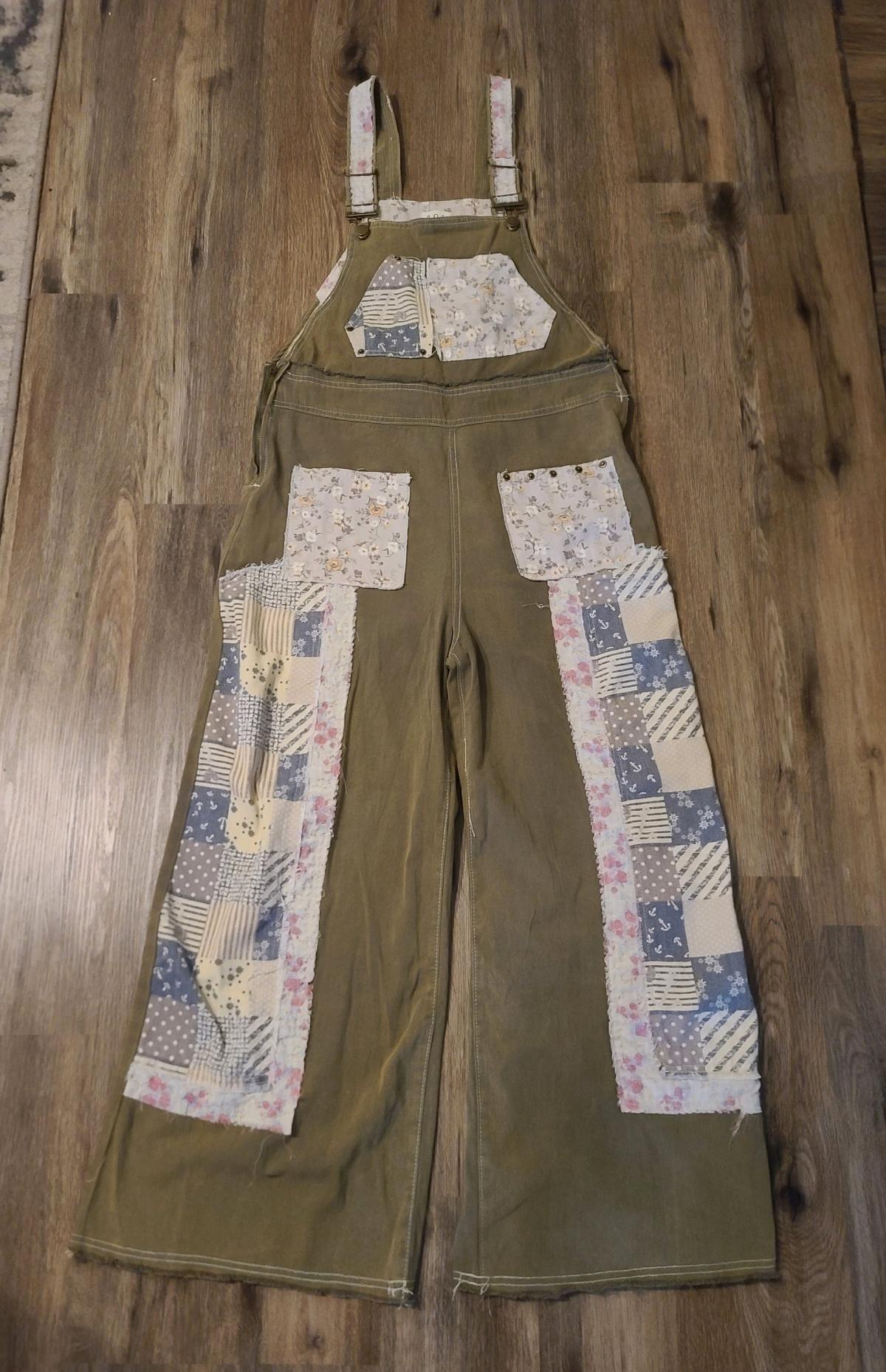 POL Overalls Womens L Green Patchwork Embroidered Wide Leg F