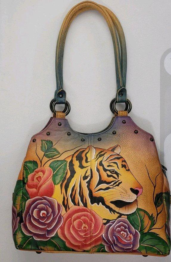 Handpainted leather handbag Anuschka Tiger in Roses - Kenosha, Wisconsin - FleaMarketBay