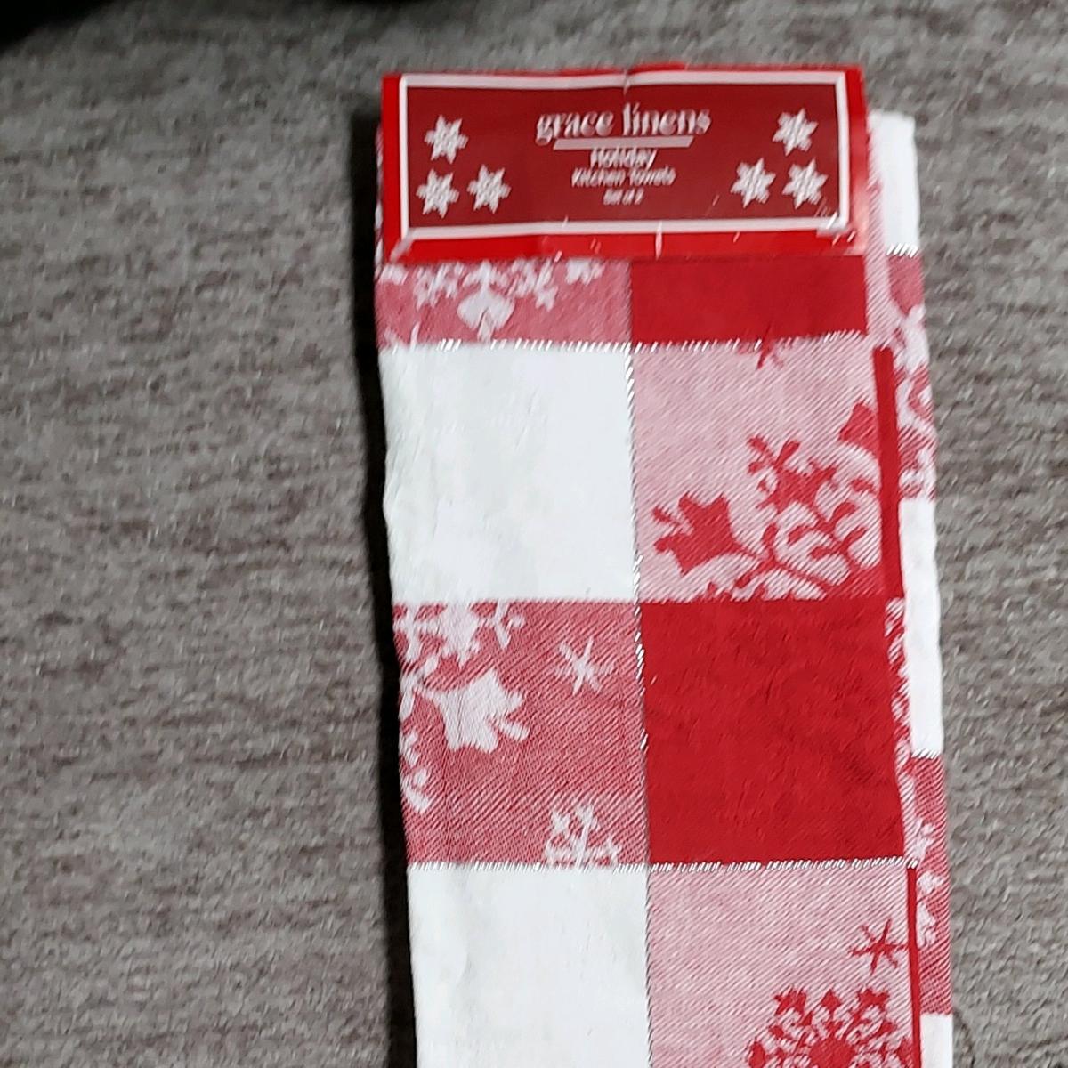 Grace Linens Holiday Kitchen Towel Set Red White Cotton Plai - Tucson, Arizona - FleaMarketBay