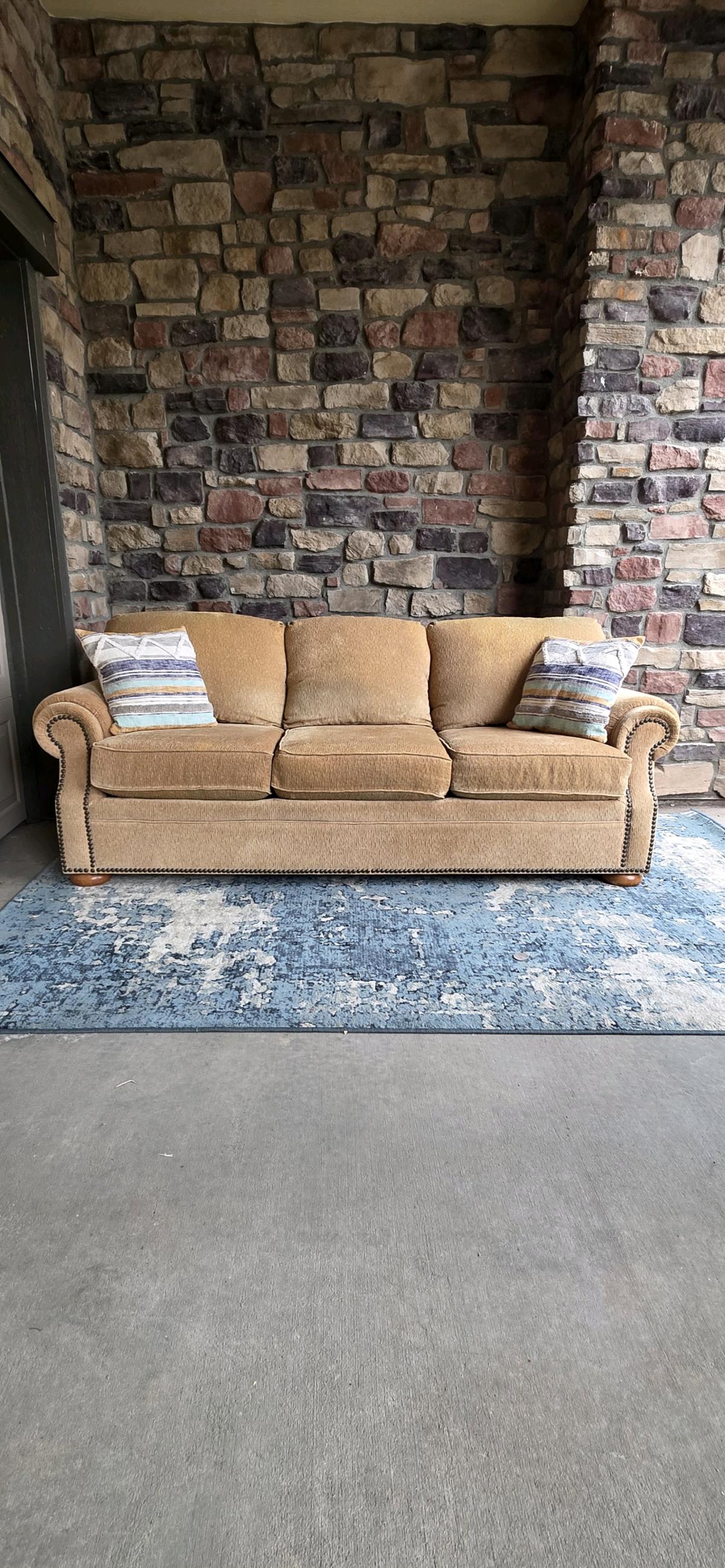 Genuine Flexsteel Tan 3seater couch with nailhead trim - Aurora, Colorado - FleaMarketBay