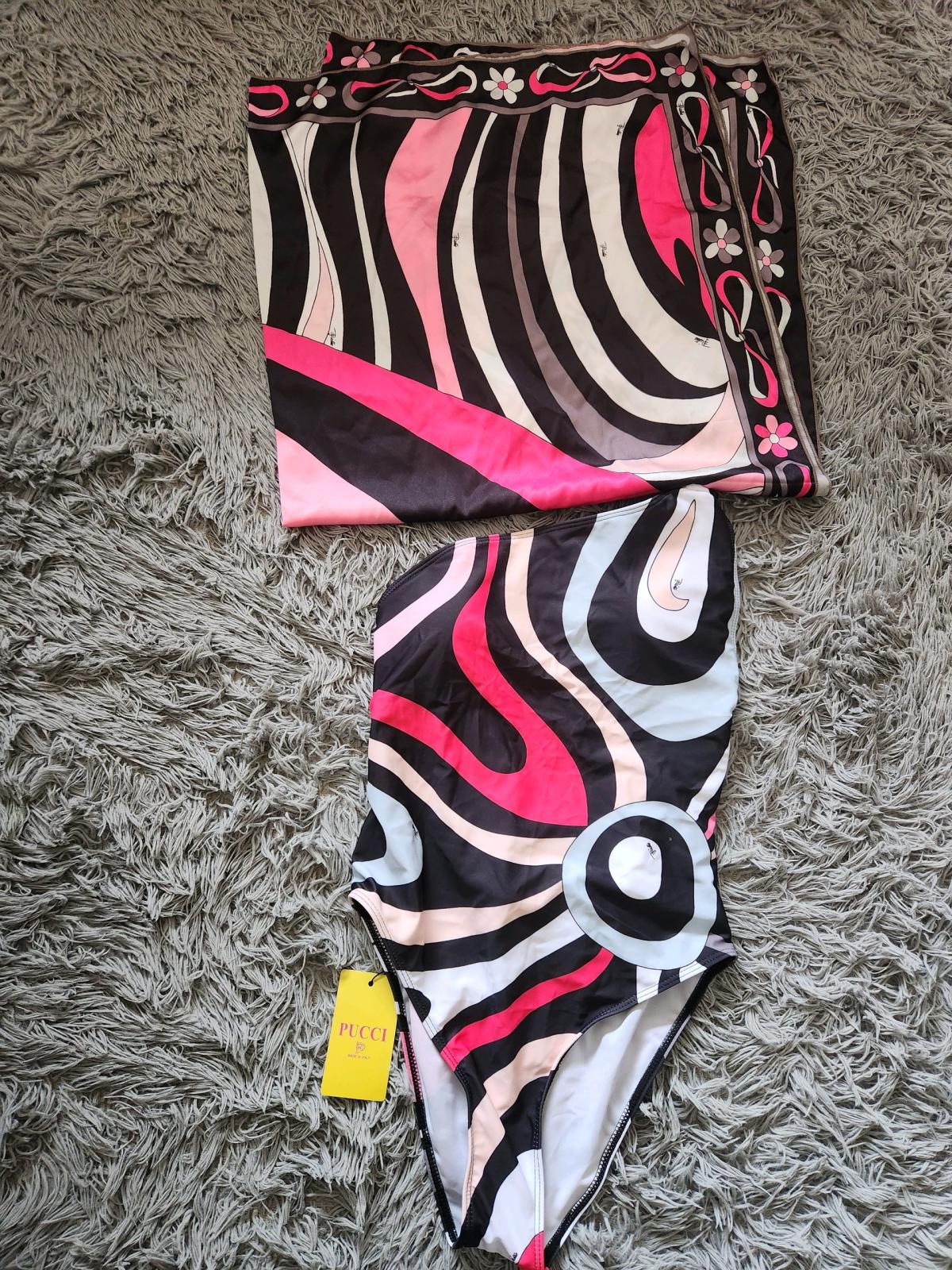 Emilio Pucci Pink  Black Swirl OnePiece with Matching Scarf