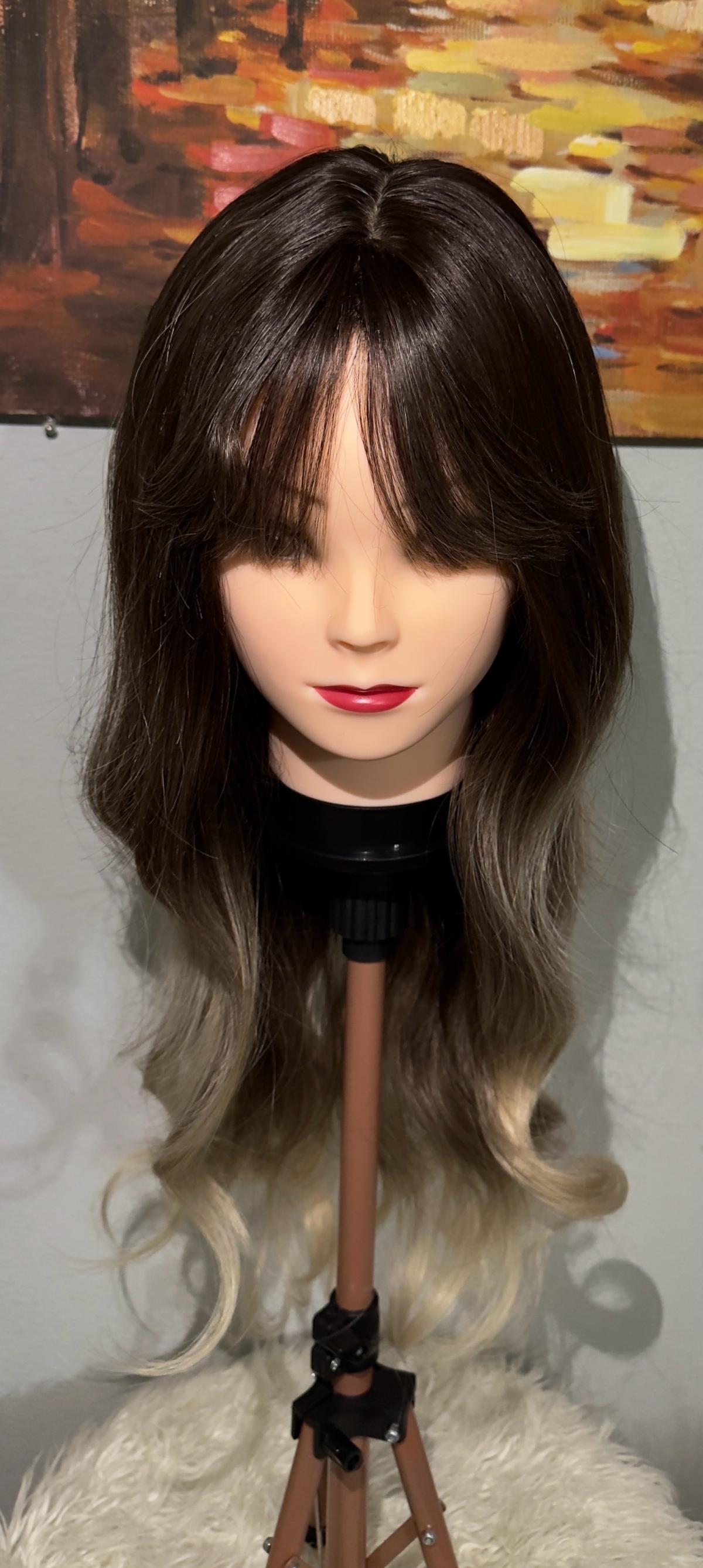 Synthetic Blend Ombre Brown Wig with Bangs and realistic sca