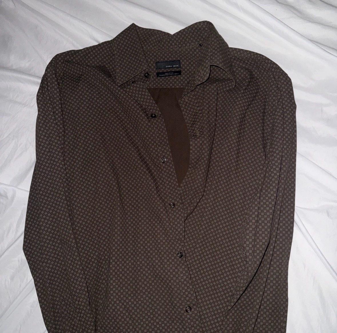 Zara men plaid pattern checkered brown large long sleeve shi - Garden Grove, California - FleaMarketBay