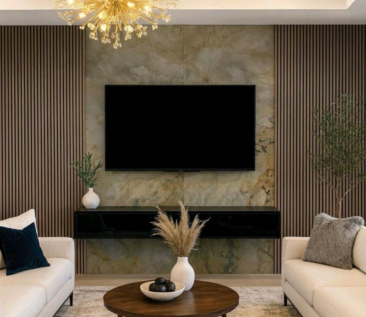 Custom TV Wall Design Fireplaces Wood Slat Stone Accent Wall - Hialeah, Florida - FleaMarketBay
