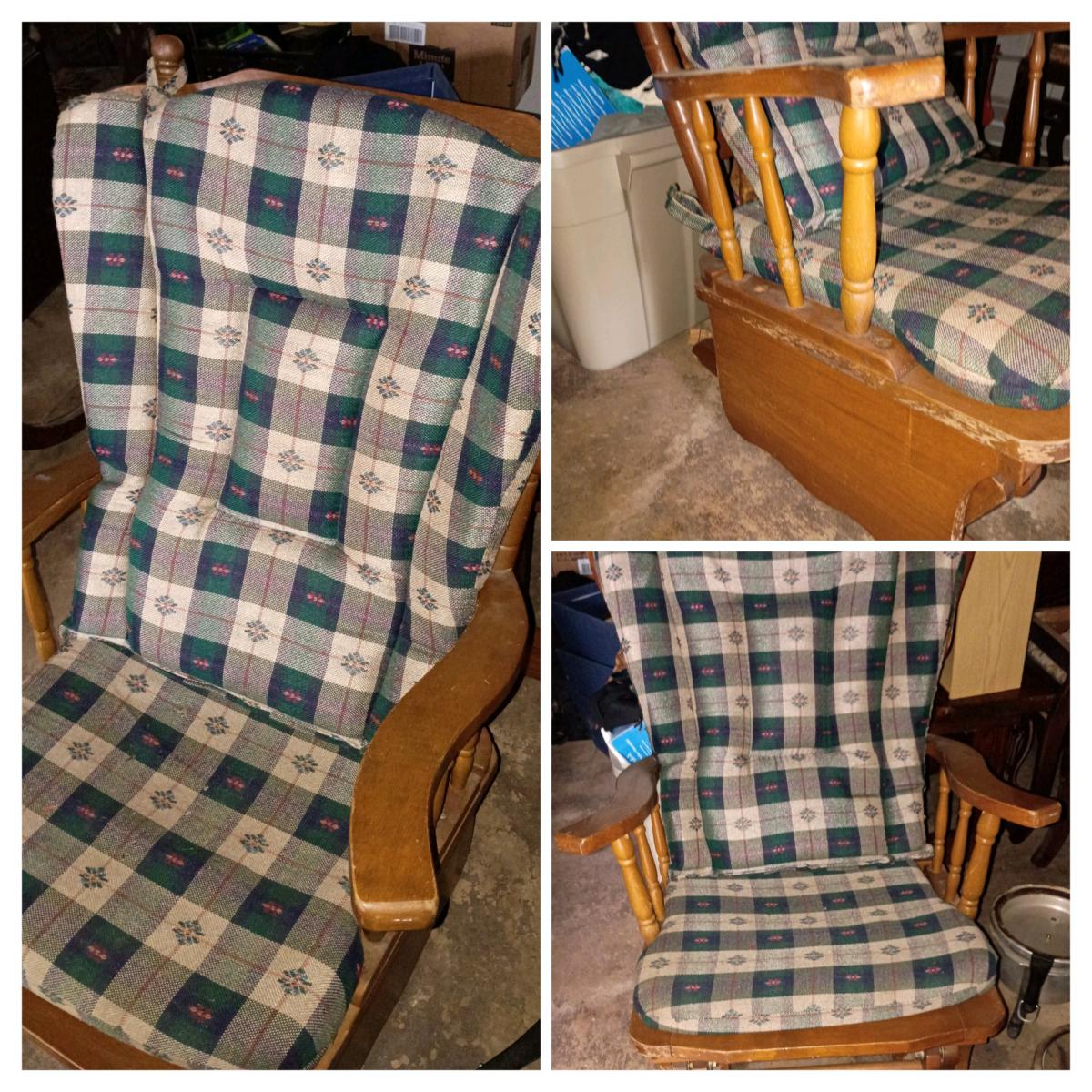 Vintage green plaid cushioned wooden glider rocking chair - Luverne, Alabama - FleaMarketBay