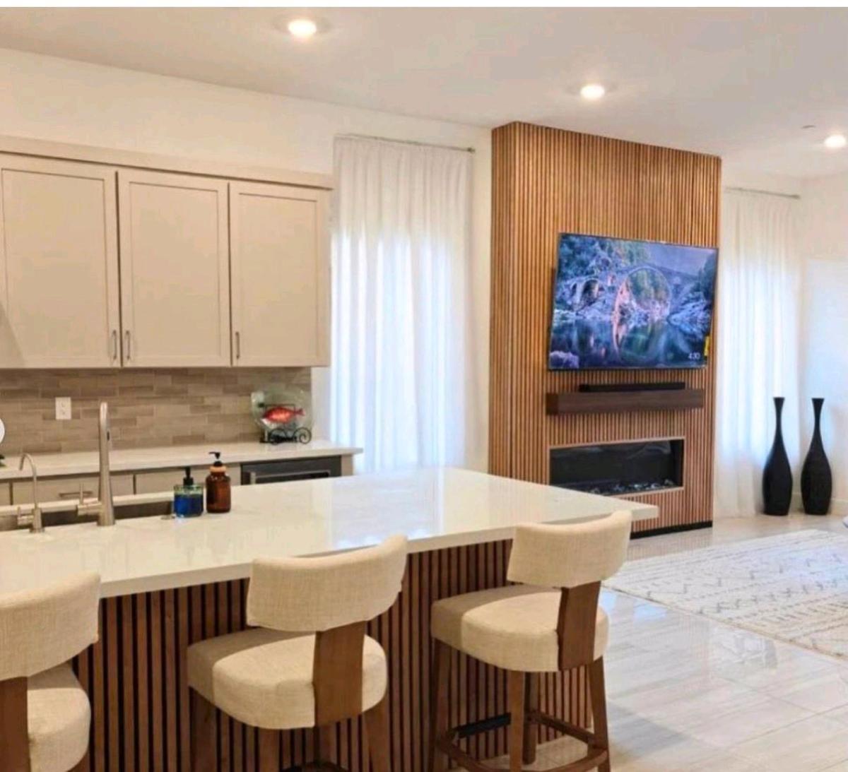 Custom TV Wall Design Fireplaces Wood Slat Stone Accent Wall - Hialeah, Florida - FleaMarketBay