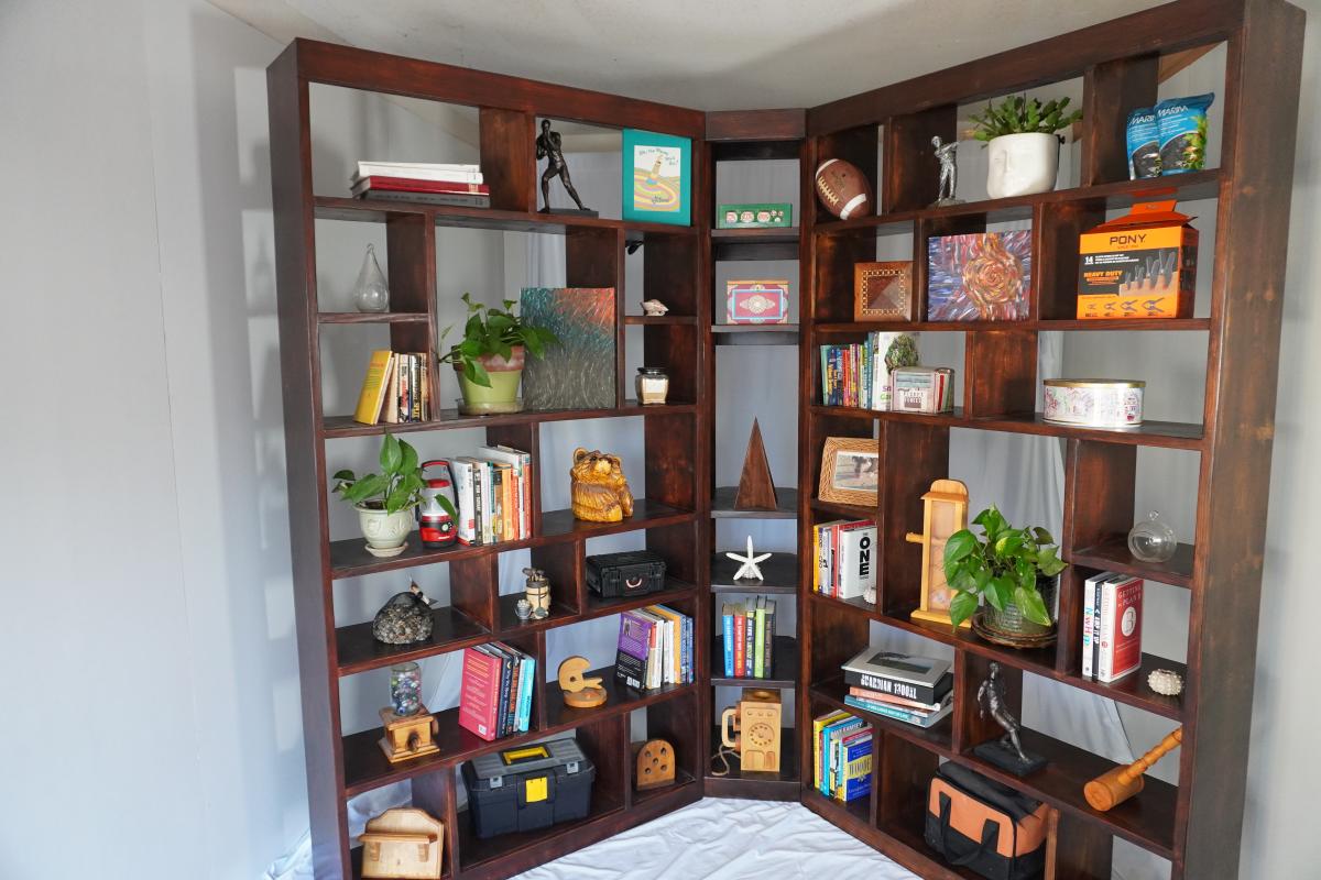 Custom Hand-Built Hickory Stained Solid Pine 3-Piece Corner Bookcase Set - , California - FleaMarketBay