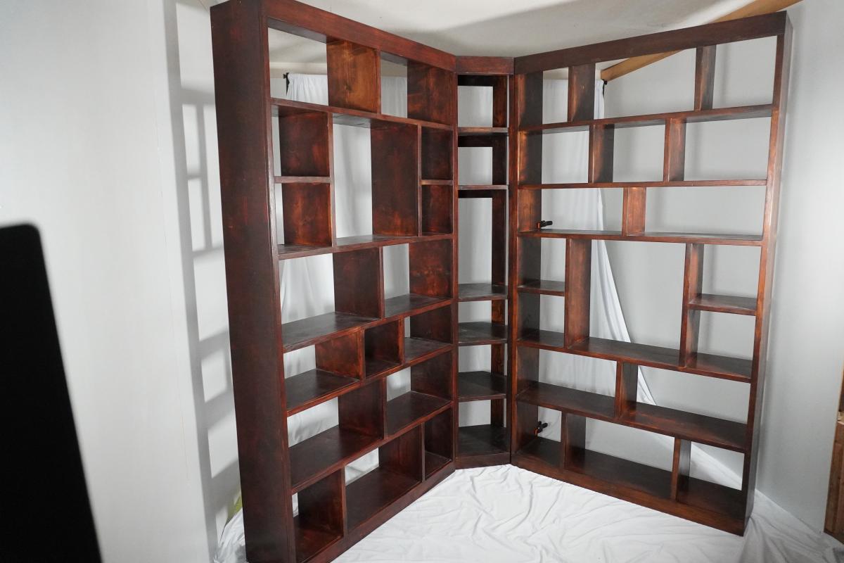 Custom Hand-Built Hickory Stained Solid Pine 3-Piece Corner Bookcase Set - , California - FleaMarketBay