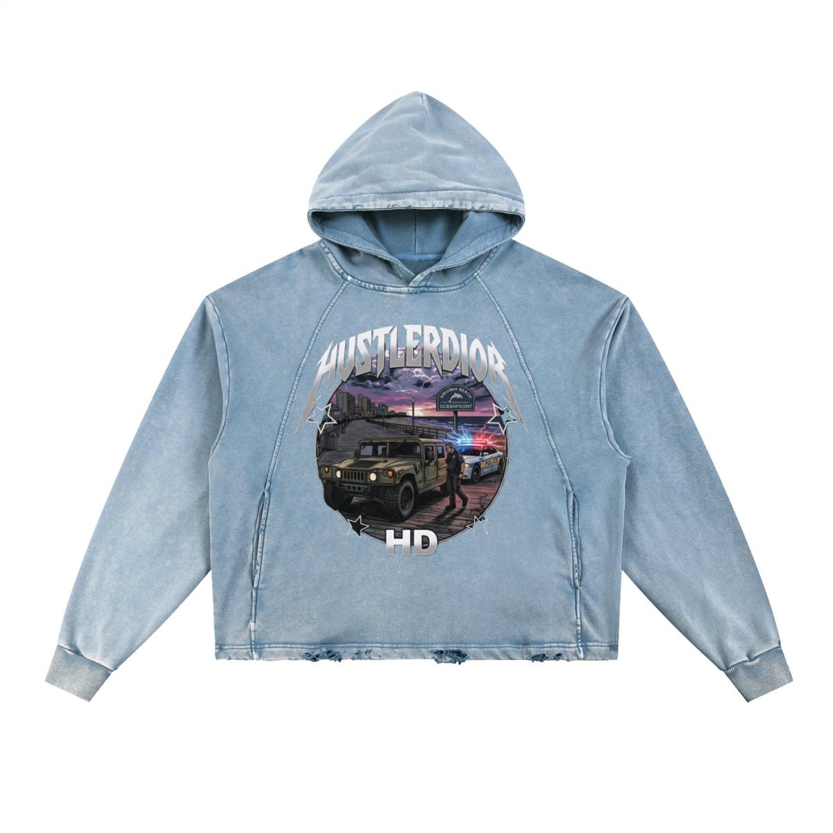 Vintage Washed Frayed Hem Hoodie - Fort Polk, Louisiana - FleaMarketBay