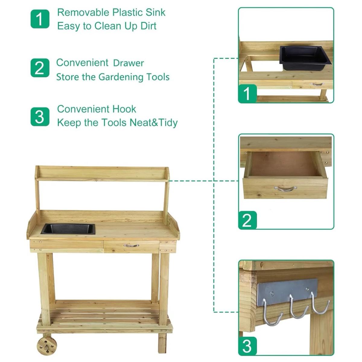 Wooden Potting Bench Garden Work Table with Wheels  Sink  36 - Sherman Oaks, California - FleaMarketBay
