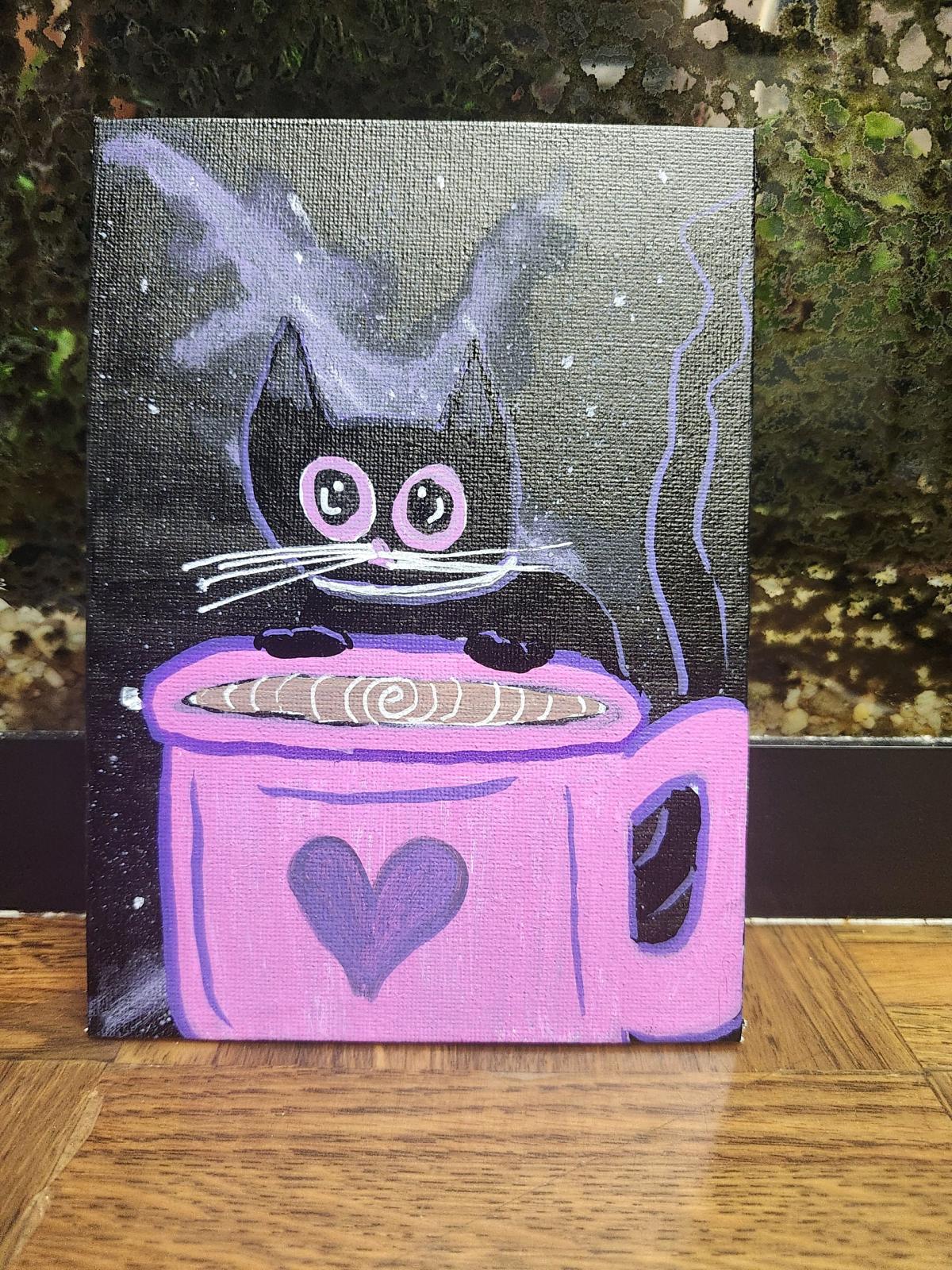 Black Cat Galaxy Coffee Painting 5x7 Handmade Space Cat Art - Titusville, Florida - FleaMarketBay