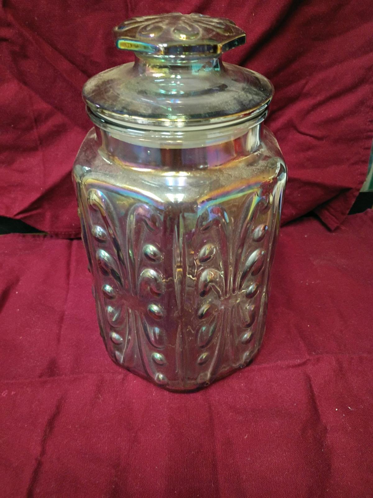 LE Smith Carnival Glass Imperial Atterbury Scroll Canister - Winfield, Kansas - FleaMarketBay