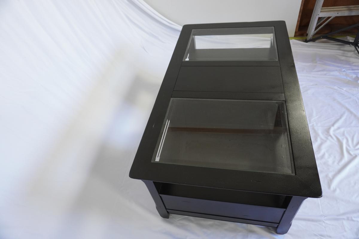 Modern Black Coffee Table – Glass Top, 2 Drawers, Freshly Refinished - , California - FleaMarketBay
