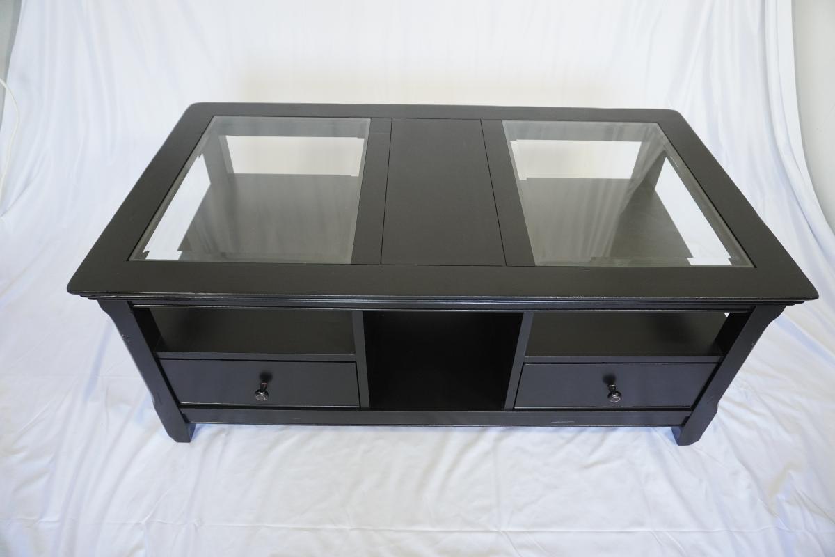 Modern Black Coffee Table – Glass Top, 2 Drawers, Freshly Refinished - , California - FleaMarketBay