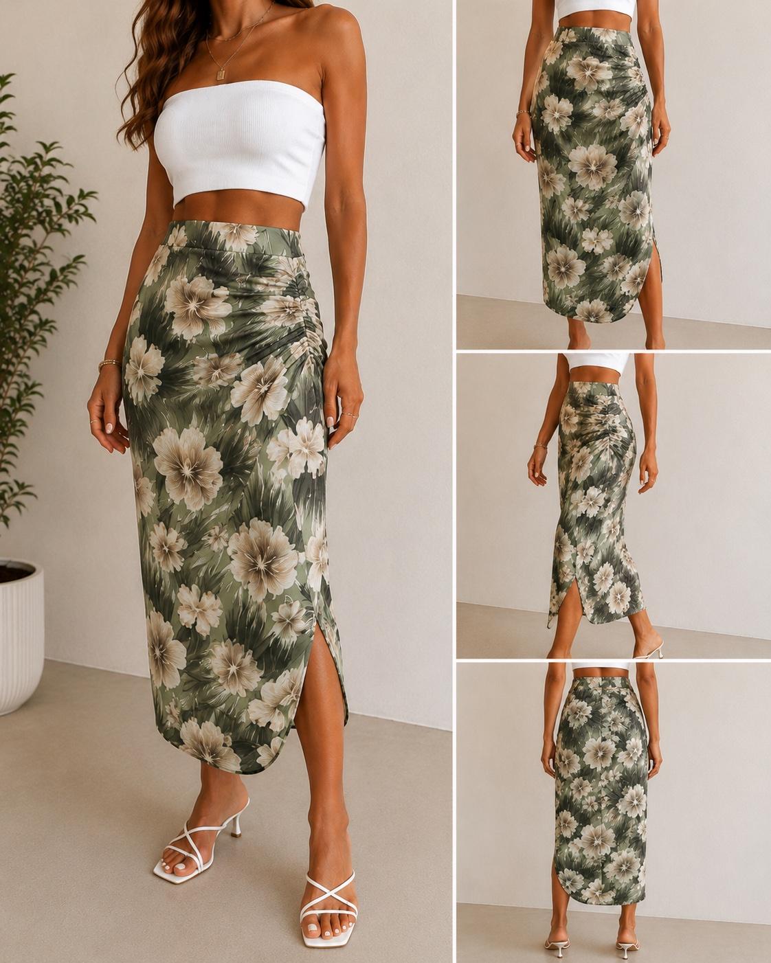 Green floral midi skirt with side slit - Elk Grove, California - FleaMarketBay