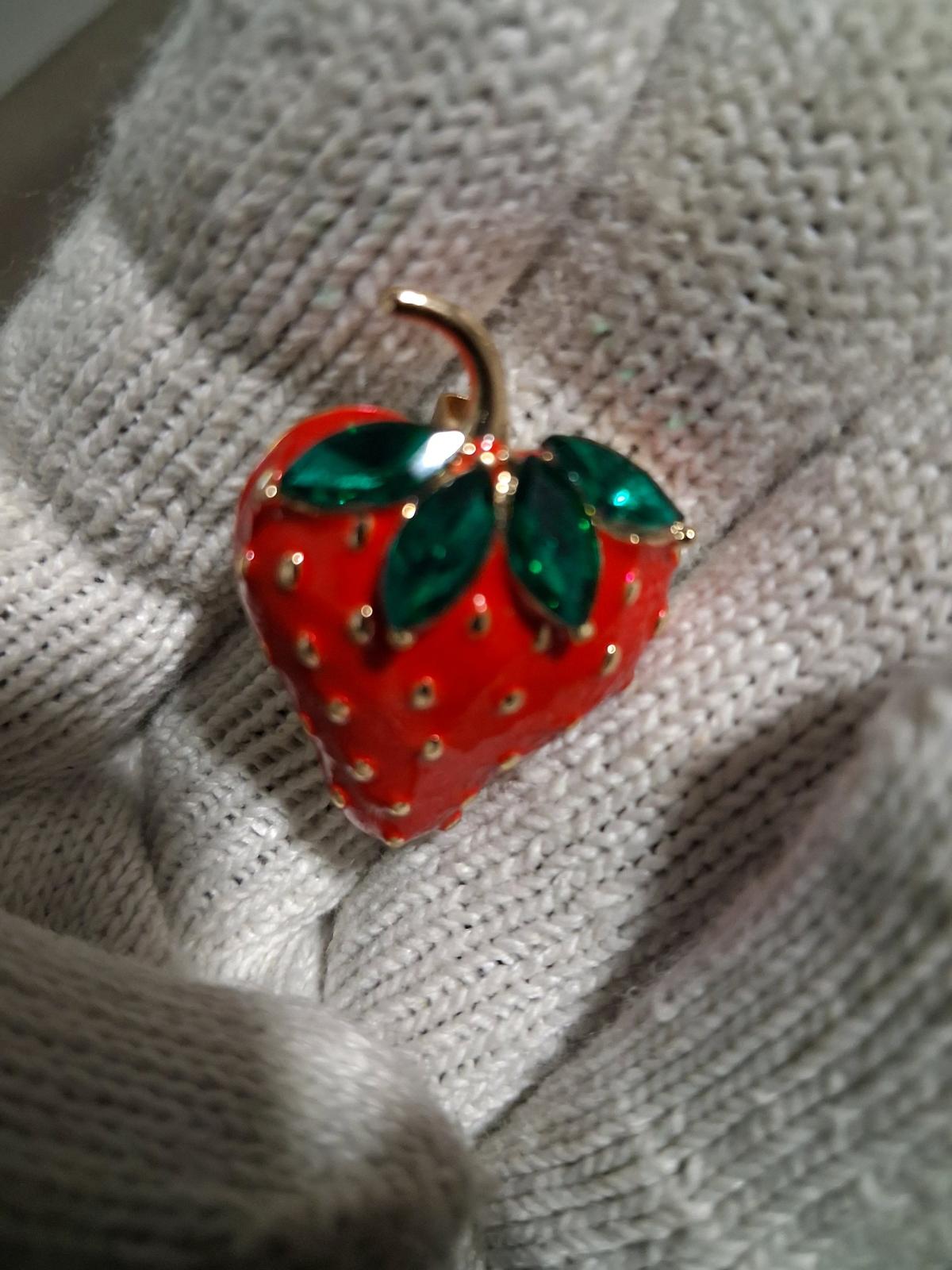 Enamel Strawberry Brooch with Emerald Leaves - Bronx, New York - FleaMarketBay