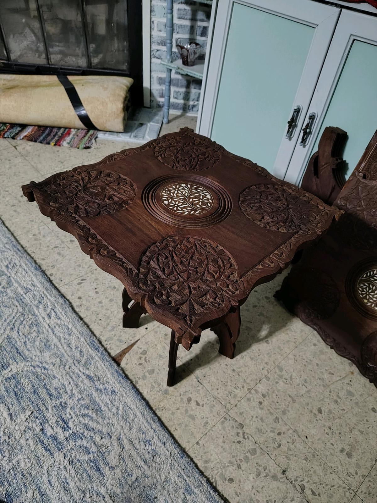 hand crafted indian bone inlay matching teakwood end tables - Lake City, Florida - FleaMarketBay