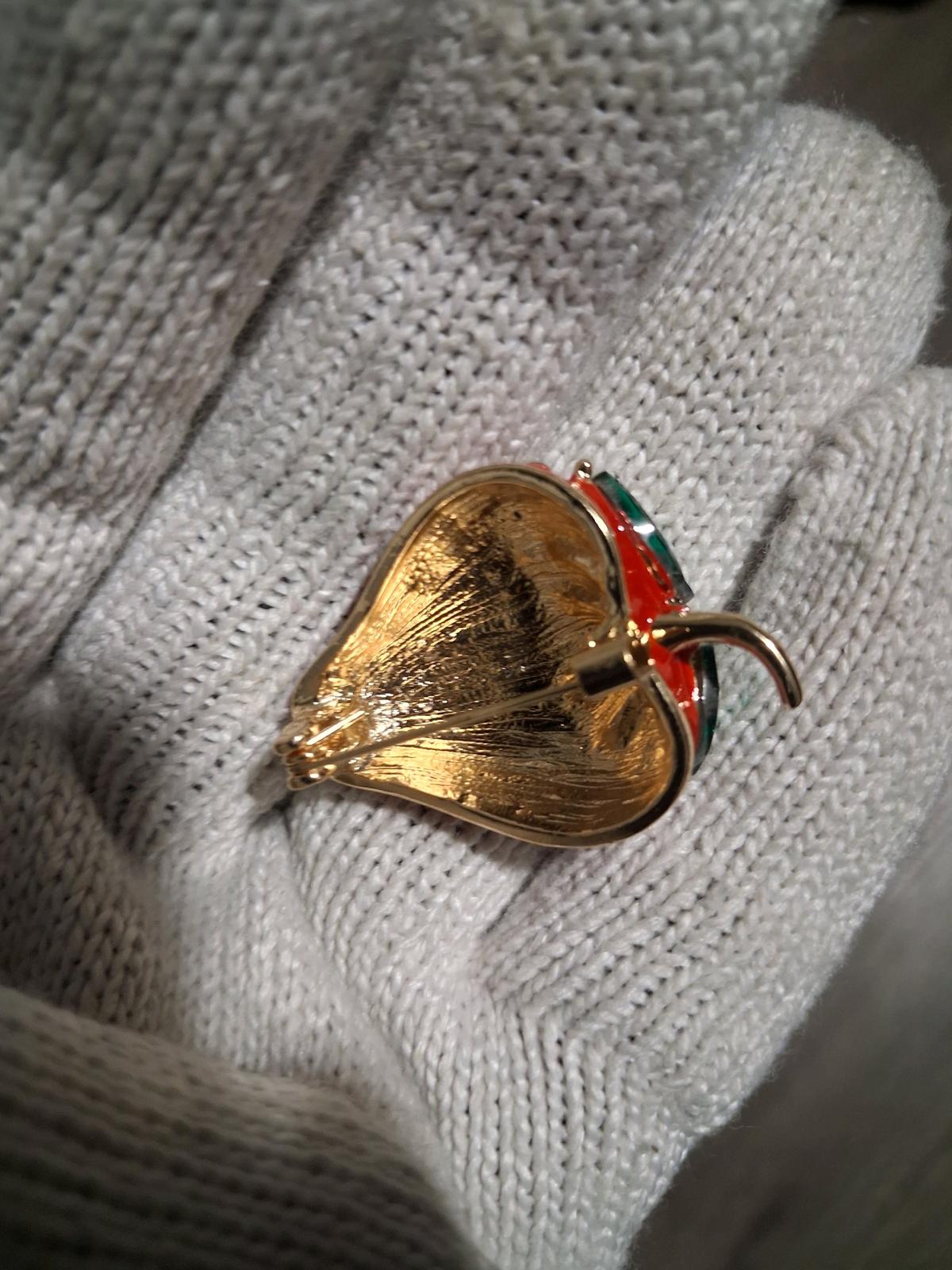 Enamel Strawberry Brooch with Emerald Leaves - Bronx, New York - FleaMarketBay
