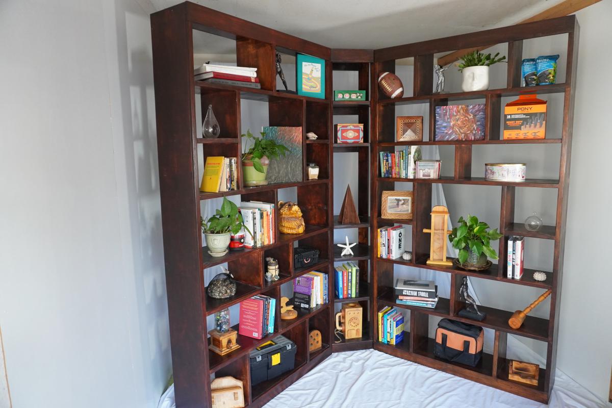 Custom Hand-Built Hickory Stained Solid Pine 3-Piece Corner Bookcase Set - , California - FleaMarketBay