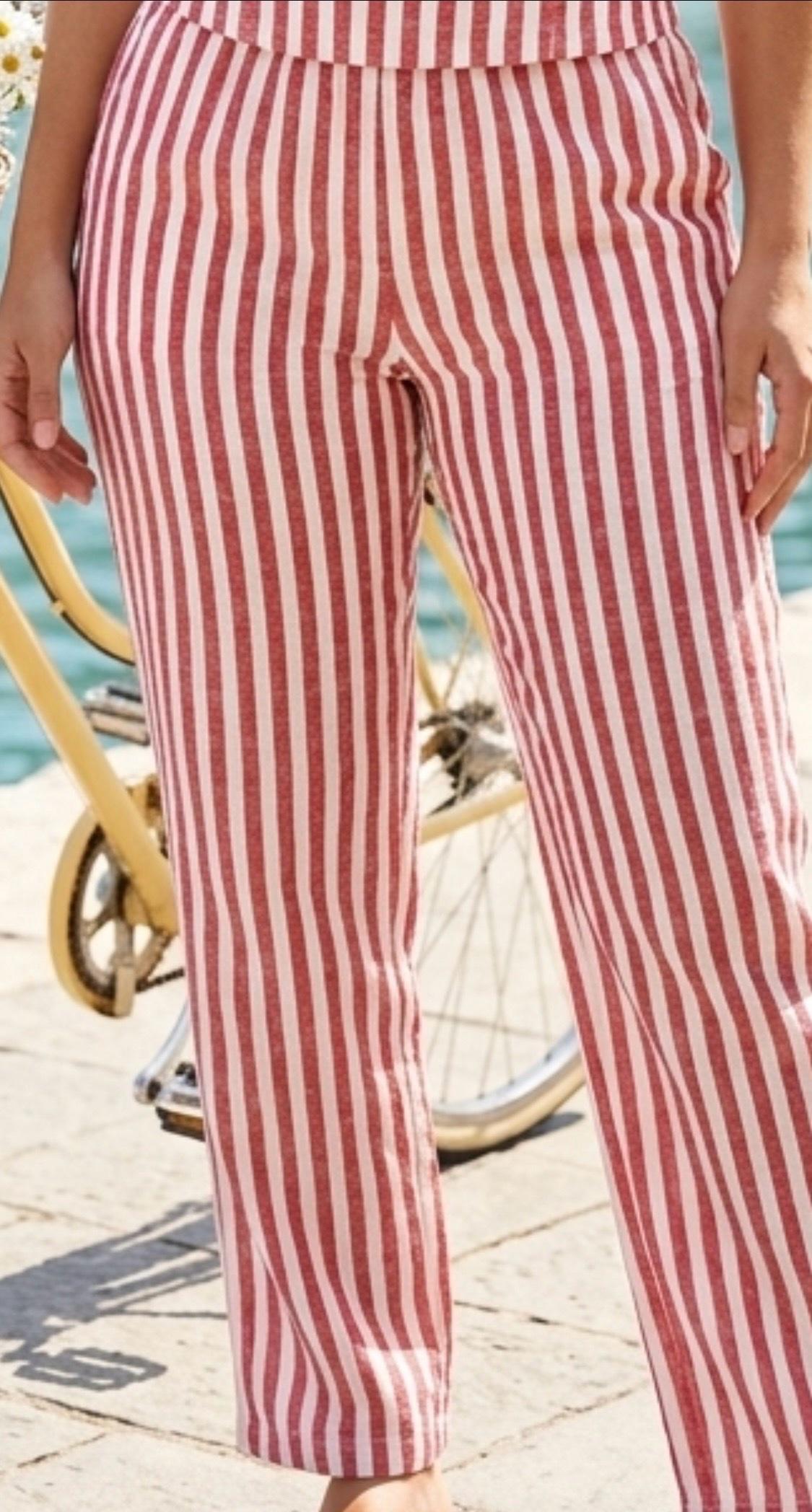 womens xlg linen strip stretchy pants used in good condition - Lynn, Massachusetts - FleaMarketBay