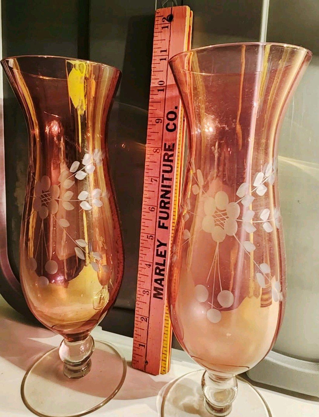 Vintage Cranberry etched hurricane vases - Knoxville, Tennessee - FleaMarketBay