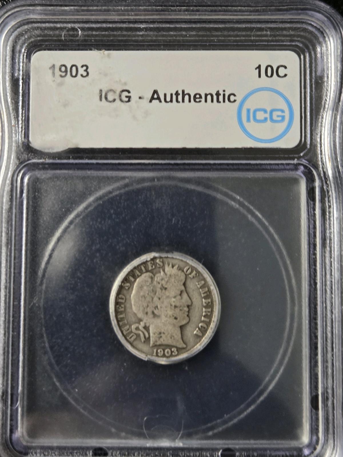 1903 Barber Dime ICG Authentic coin - San Antonio, Texas - FleaMarketBay