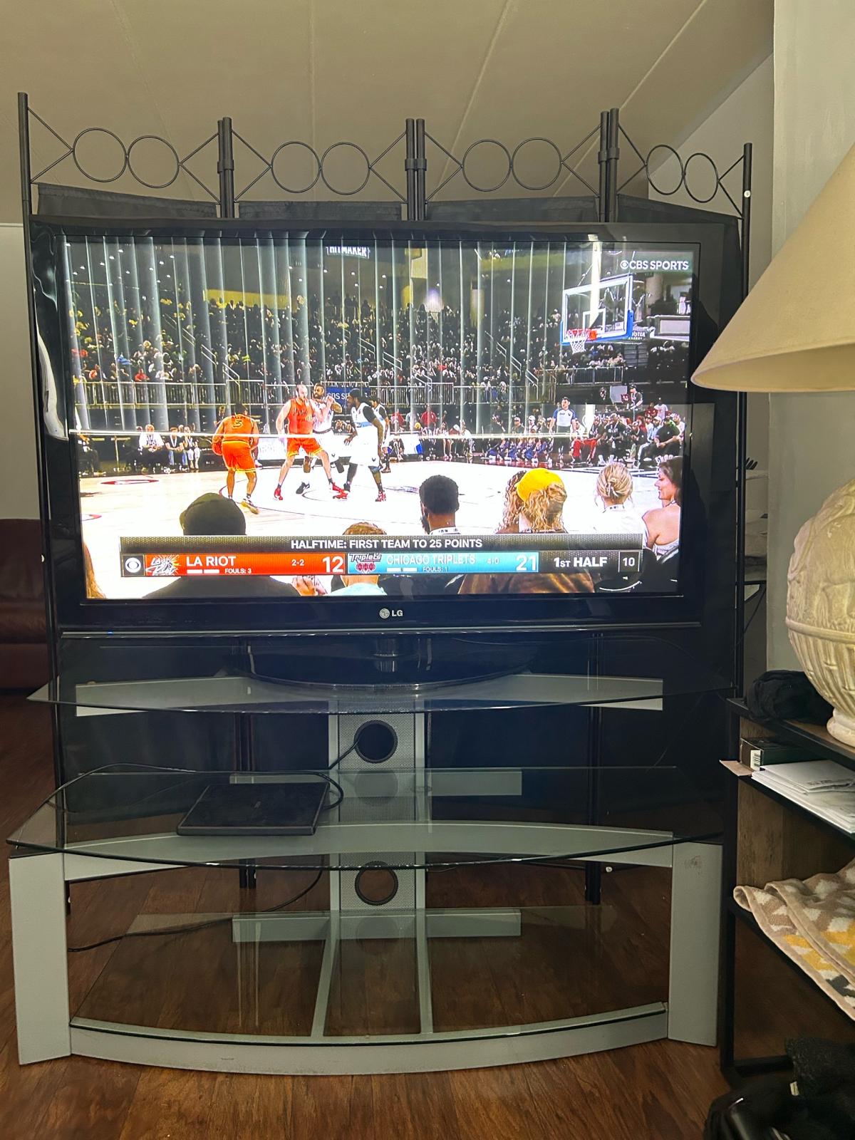 50LG smart TV with 3 tier metal and temper glass TV tablein - Hackensack, New Jersey - FleaMarketBay